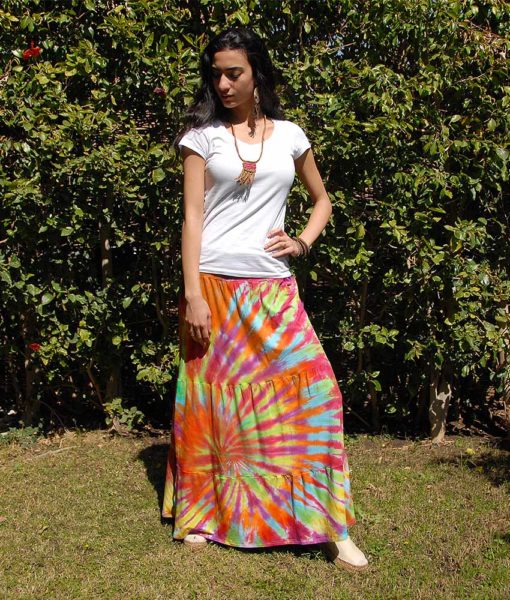 Dark rainbow Tie Dyed maxi skirt handmade in Egypt & available at Jozee boutique