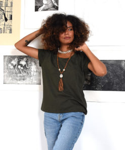 Army Green Cotton round neck top made in Egypt and available at Jozee Boutique.