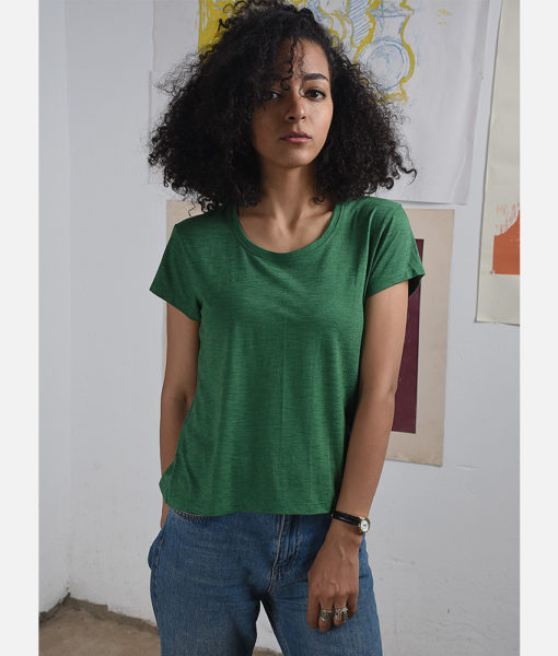 Green Cotton round neck top made in Egypt and available at Jozee Boutique.