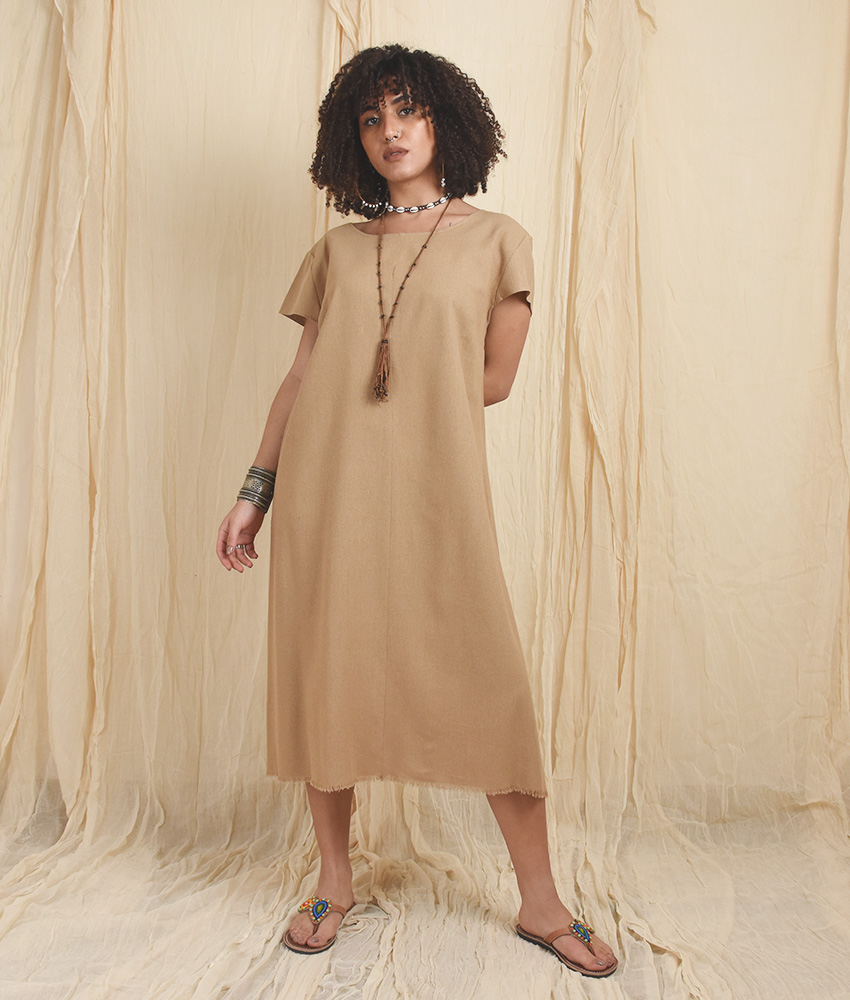 Beige Midi Dress Short Sleeve - Jozee 