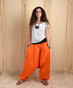 Striking orange linen harem pants made in Egypt & available at Jozee boutique