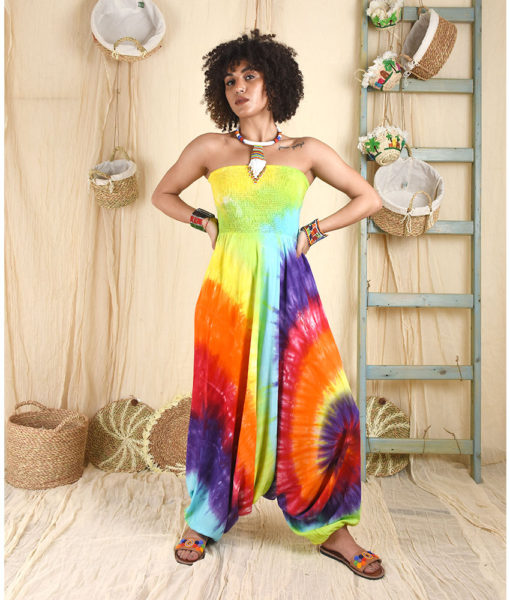 Rainbow Strapless Tie Dyed Maxi Jumpsuit made in Egypt & available in Jozee boutique