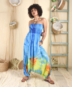 Blue, yellow and orange Strapless Tie Dyed Maxi Jumpsuit made in Egypt & available in Jozee boutique