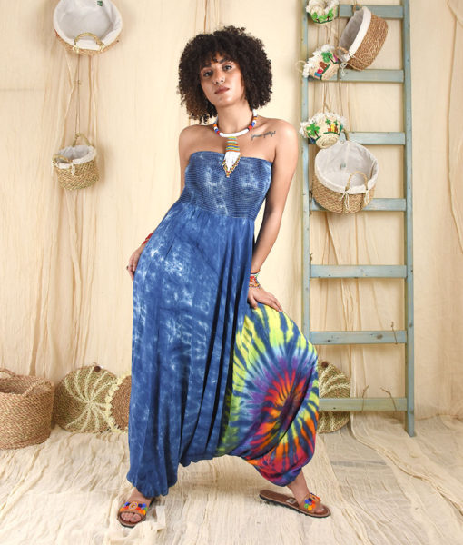 Navy blue Strapless Tie Dyed Maxi Jumpsuit made in Egypt & available in Jozee boutique