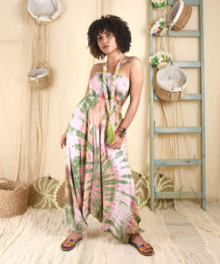 Pink and green Strapless Tie Dyed Maxi Jumpsuit made in Egypt & available in Jozee boutique