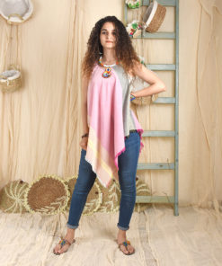 Pink and Yellow Handwoven Egyptian Cotton Fringe Top handmade in Egypt & available at Jozee Boutique.