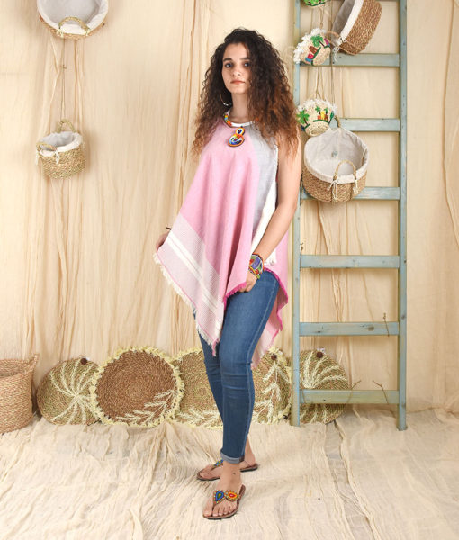 Pink and off white Handwoven Egyptian Cotton Fringe Top handmade in Egypt & available at Jozee Boutique.