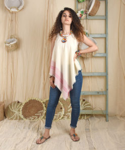 Off white and Pink Handwoven Egyptian Cotton Fringe Top handmade in Egypt & available at Jozee Boutique.