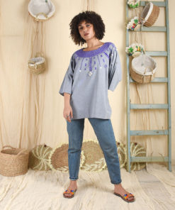 Light blue Cotton Siwa Embroidered Loose Top made in Egypt and available at Jozee Boutique.