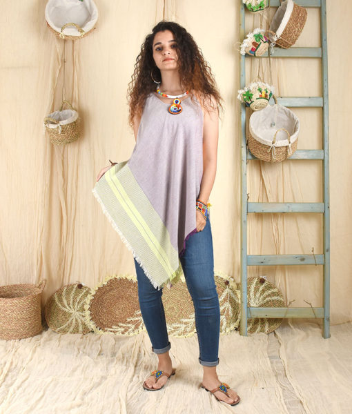 Light purple and yellow Handwoven Egyptian Cotton Fringe Top handmade in Egypt & available at Jozee Boutique.
