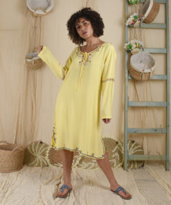 Yellow Siwa embroidered viscose dress handmade in Egypt & available at Jozee boutique