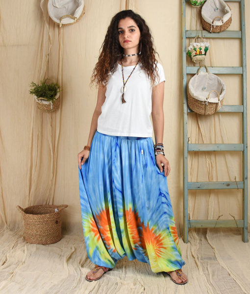 Blue, yellow and orange Tie Dyed Jumpsuit/pants made in Egypt & available in Jozee boutique