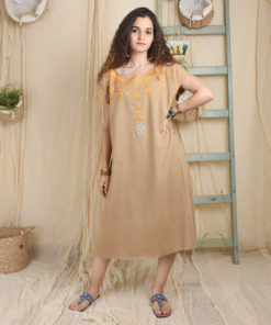 Dark beige Siwa embroidered midi dress handmade in Egypt & available at Jozee boutique