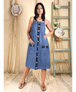 Steel Blue Stripped Spaghetti Strap Dress Handmade in Egypt & available at Jozee Boutique