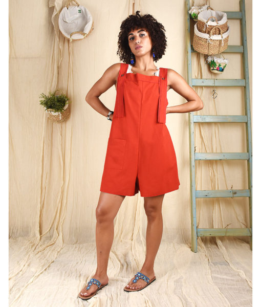 Red Linen Overall Shorts Handmade in Egypt & available at Jozee Boutique