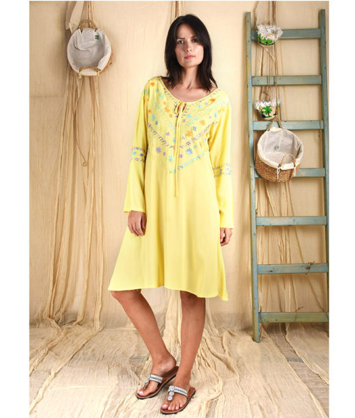 Yellow Saint Catherine embroidered viscose dress handmade in Egypt & available at Jozee boutique