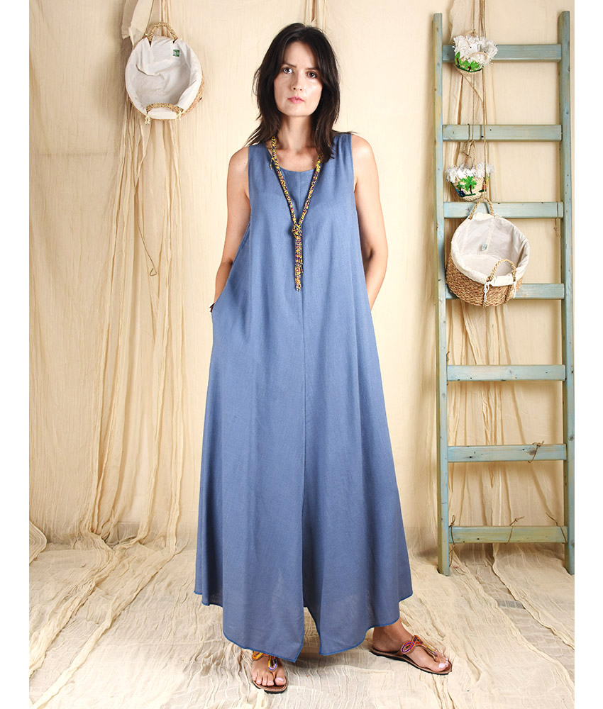 Steel Blue Linen Tent Dress - Sleeveless (2 sizes) - Jozee Boutique