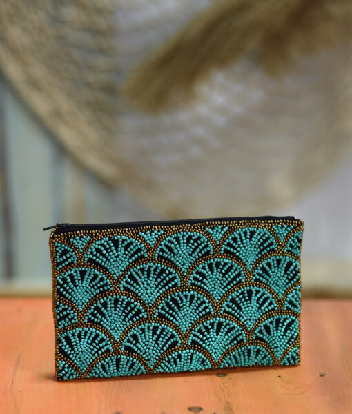 Black, Turquoise & Gold Beaded Clutch handmade in Egypt & available at Jozee Boutique.