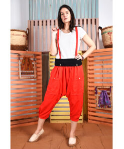 Orange red Linen harem pants handmade in Egypt & available at Jozee boutique