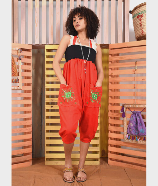 Red Siwa Embroidered Linen Harem Pants with Removable Suspenders handmade in Egypt & available at Jozee Boutique