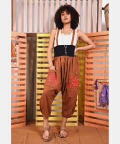 Almond brown Siwa Embroidered Linen Harem Pants with Removable Suspenders handmade in Egypt & available at Jozee Boutique
