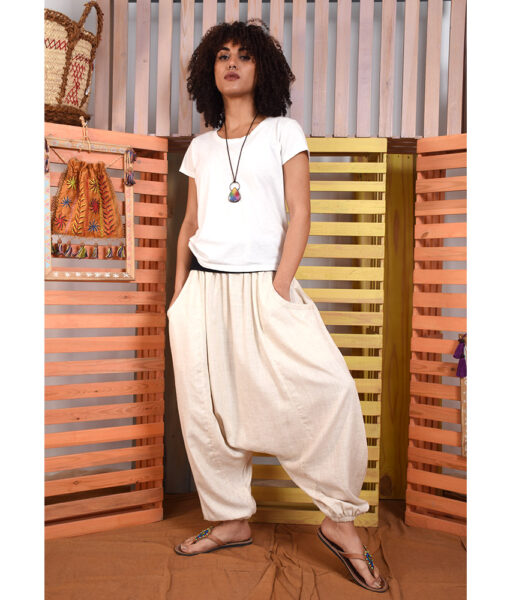 Off white Linen harem pants handmade in Egypt & available at Jozee boutique