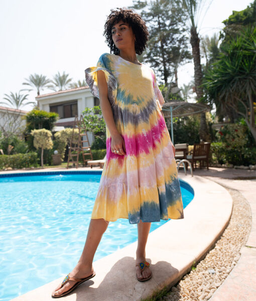 Yellow & Pink Tie Dyed Ruffle Dress handmade in Egypt & available at Jozee Boutique.