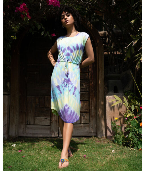Purple & Mint Drawstring Tie Dyed Dress handmade in Egypt & available at Jozee Boutique.