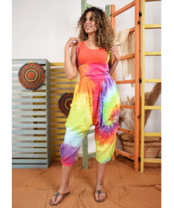 Rainbow Tie Dyed Cotton Gypsy Skirt/Dress handmade in Egypt & available at Jozee Boutique.Tie Dyed Linen Harem Pants with Removable Suspenders handmade in Egypt & available at Jozee Boutique.