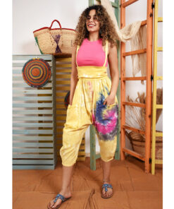 Yellow Tie Dyed Cotton Gypsy Skirt/Dress handmade in Egypt & available at Jozee Boutique.Tie Dyed Linen Harem Pants with Removable Suspenders handmade in Egypt & available at Jozee Boutique.