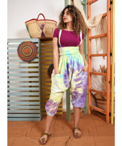 Mint & Purple Tie Dyed Linen Harem Pants with Removable Suspenders handmade in Egypt & available at Jozee Boutique.