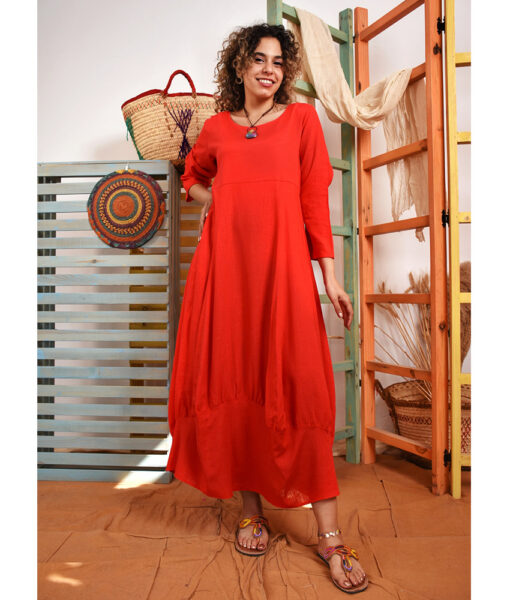 Orange Red Lantern Linen Dress with Long Sleeves handmade in Egypt & available at Jozee boutique