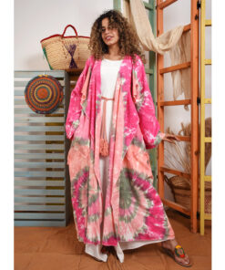 Pink & Olive Tie Dyed Slouchy Long Linen Cardigan handmade in Egypt & available at Jozee Boutique.