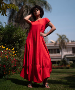 Orange Red Lantern Linen Dress with short Sleeves handmade in Egypt & available at Jozee boutique