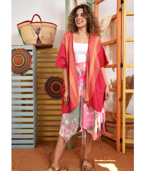 Neon pink Handwoven Light Cotton Short Sleeve Cardigan handmade in Egypt & available at Jozee Boutique.