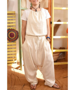 Off white Saloharem Backless Linen Jumpsuit/Harem Pants handmade in Egypt & available at Jozee boutique