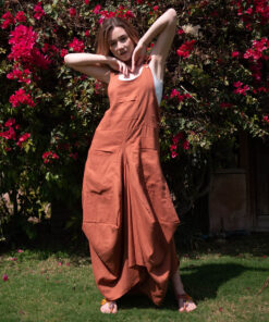 Almond brown Linen Sleeveless Salodress handmade in Egypt & available at Jozee boutique
