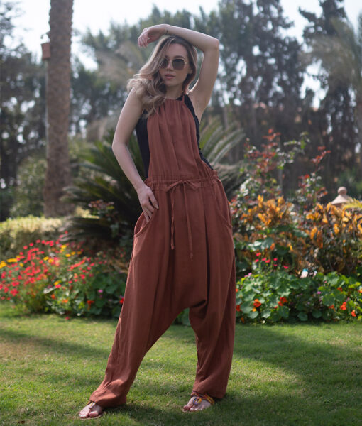 Almond brown Saloharem Backless Linen Jumpsuit/Harem Pants handmade in Egypt & available at Jozee boutique