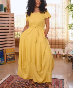 Mustard Lantern Linen Dress handmade in Egypt & available at Jozee boutique