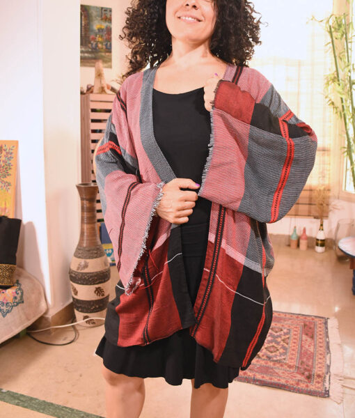 Black & red handwoven Egyptian cotton cardigan handmade in Egypt & available at Jozee Boutique.