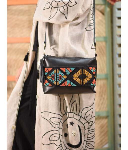 Black Hand Stitched Leather Cross Bag with Beads handmade in Egypt and available at Jozee Boutique.