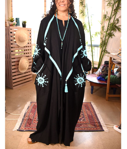 Black Siwa Embroidered Linen Slouchy Long Cardigan Handmade in Egypt & available in Jozee boutique