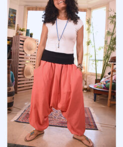 Coral Pink Linen harem pants handmade in Egypt & available at Jozee boutique