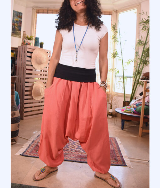 Coral Pink Linen harem pants handmade in Egypt & available at Jozee boutique