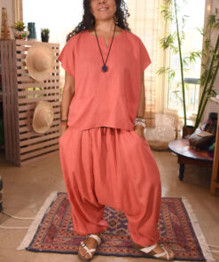 Coral Pink Linen Cropped Top with Pockets Handmade in Egypt & available in Jozee boutique