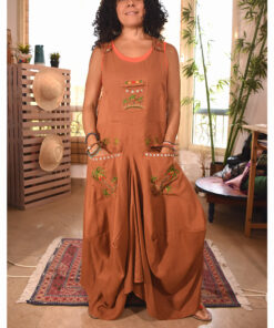 Almond brown Siwa Embroidered Linen Sleeveless Salodress handmade in Egypt & available at Jozee boutique