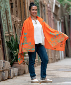 Orange Handwoven Block Printed Egyptian Cotton Light Shawl handmade in Egypt & available at Jozee Boutique