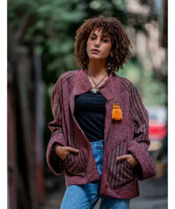 Burgundy Handwoven Cotton & Velour Oversized Jacket made in Egypt & available at Jozee Boutique