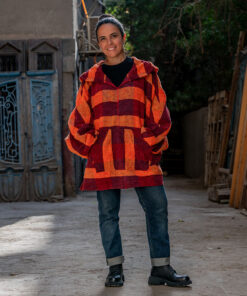 Orange & Red Handwoven Cotton & Velour Oversized Hoodie handmade in Egypt & Available in Jozee Boutique