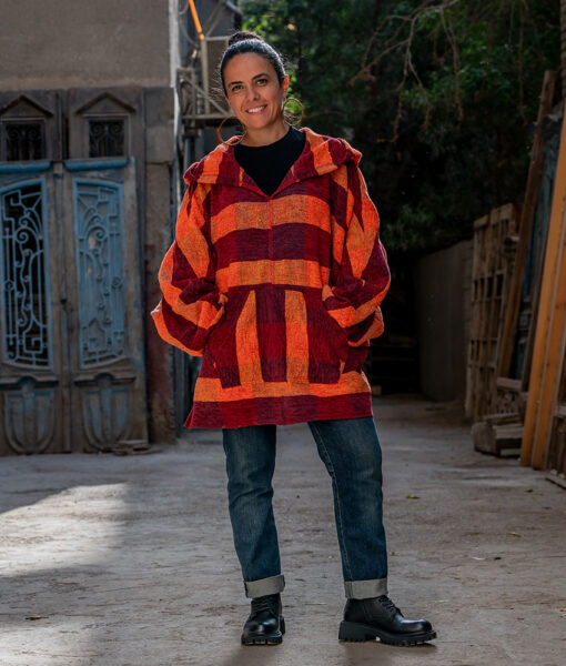 Orange & Red Handwoven Cotton & Velour Oversized Hoodie handmade in Egypt & Available in Jozee Boutique